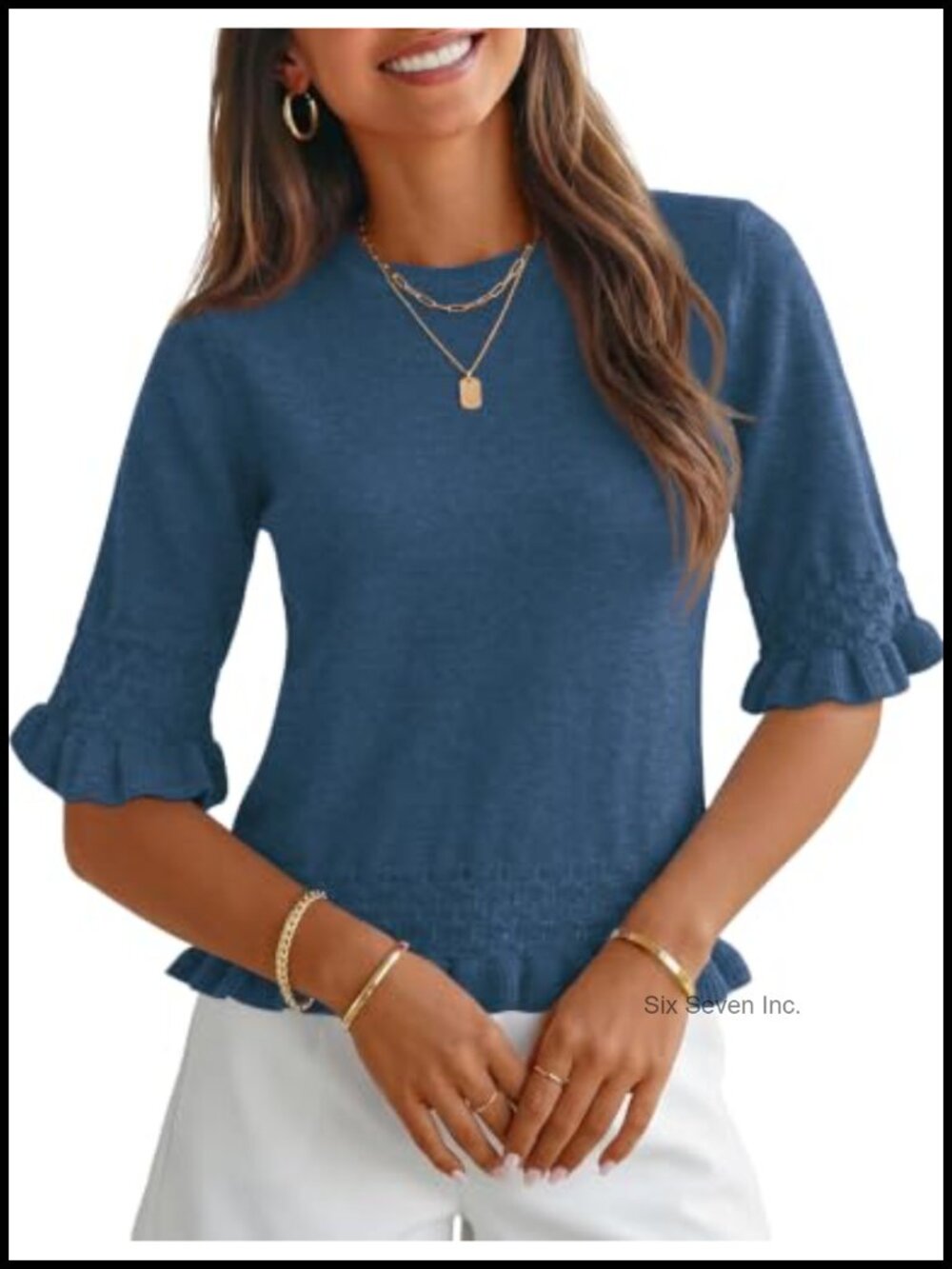 Womens 3/4 Sleeve Peplum Sweater Crewneck Knit Ruffle Hem Pullover Top